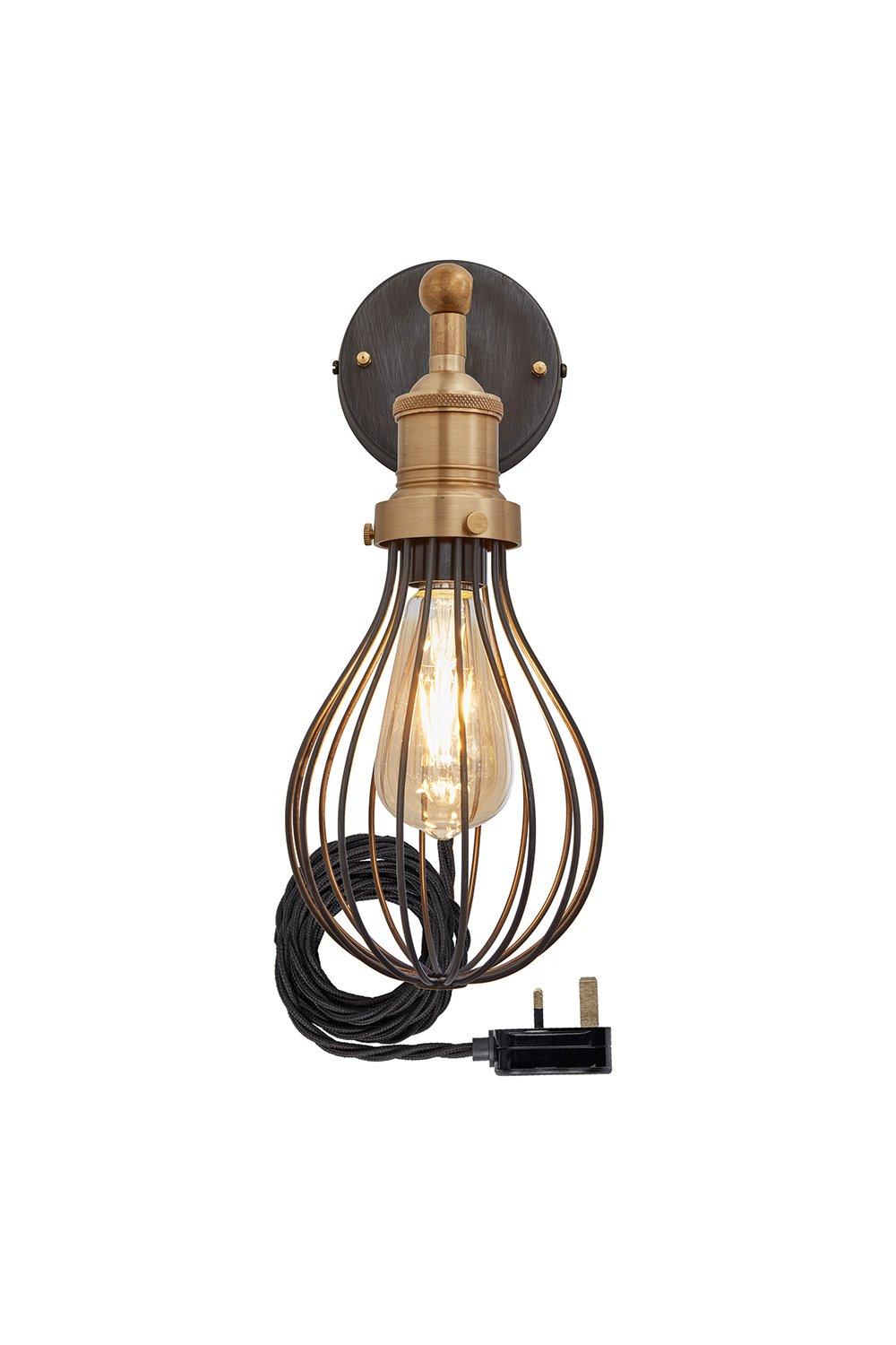 Brooklyn Balloon Cage Wall Light, 6 Inch, Pewter, Brass Holder With Plug